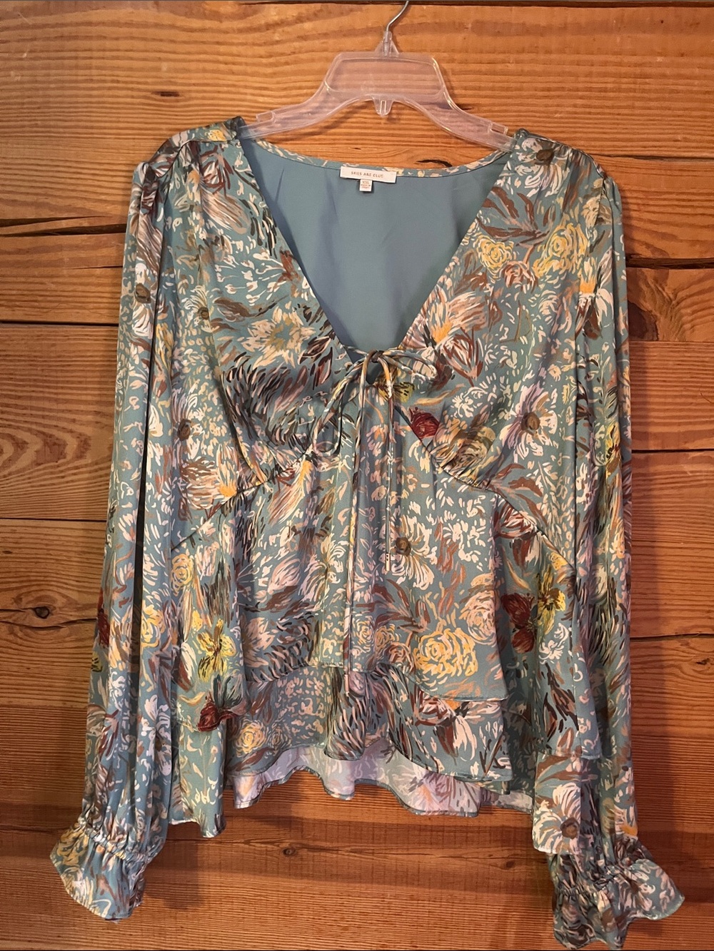 Skies Are Blue Floral Tie-Front Blouse in Teal and Yellow